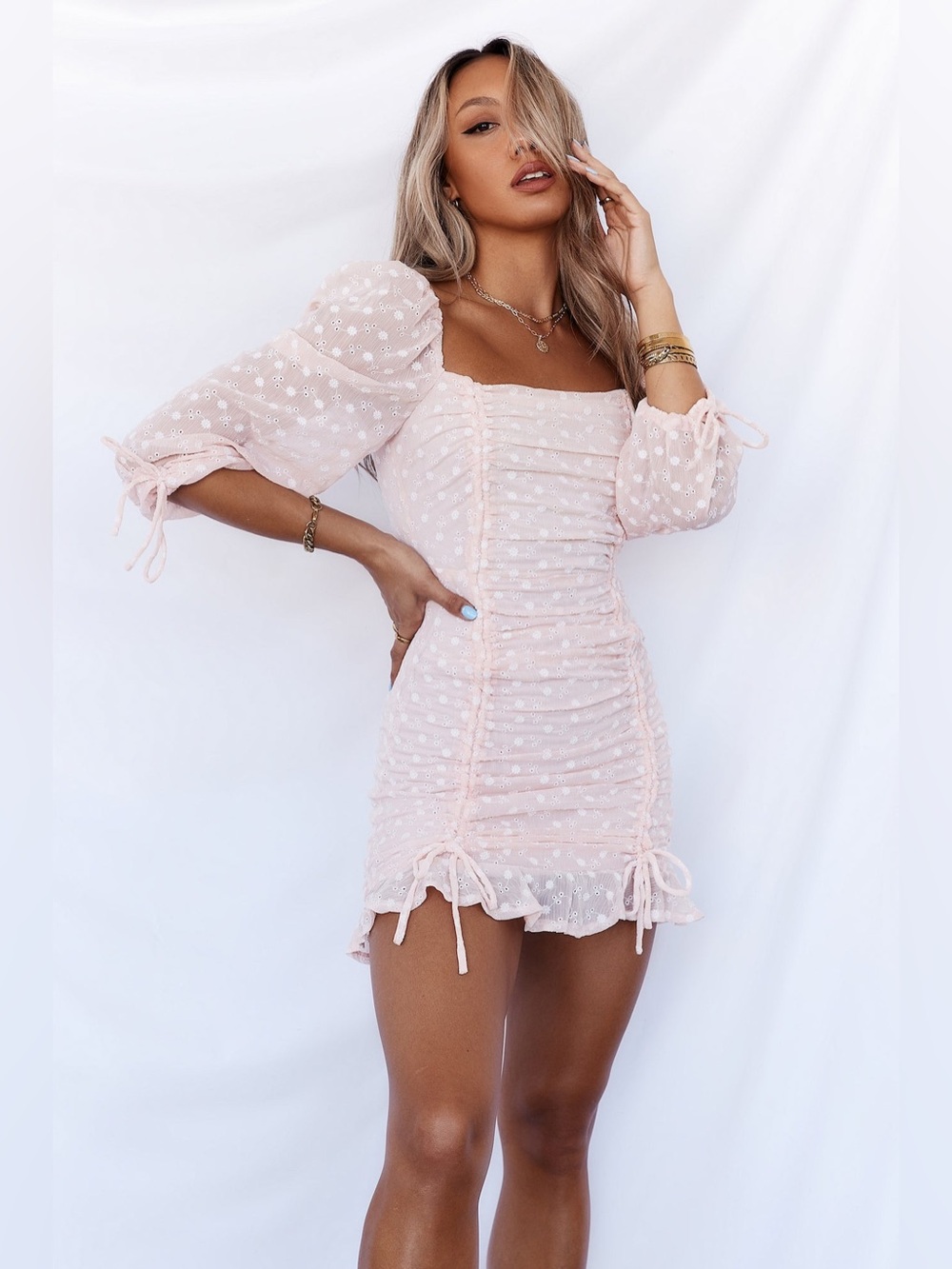 Hello Molly Light Pink Finally Found You Ruched Mini Dress size XS